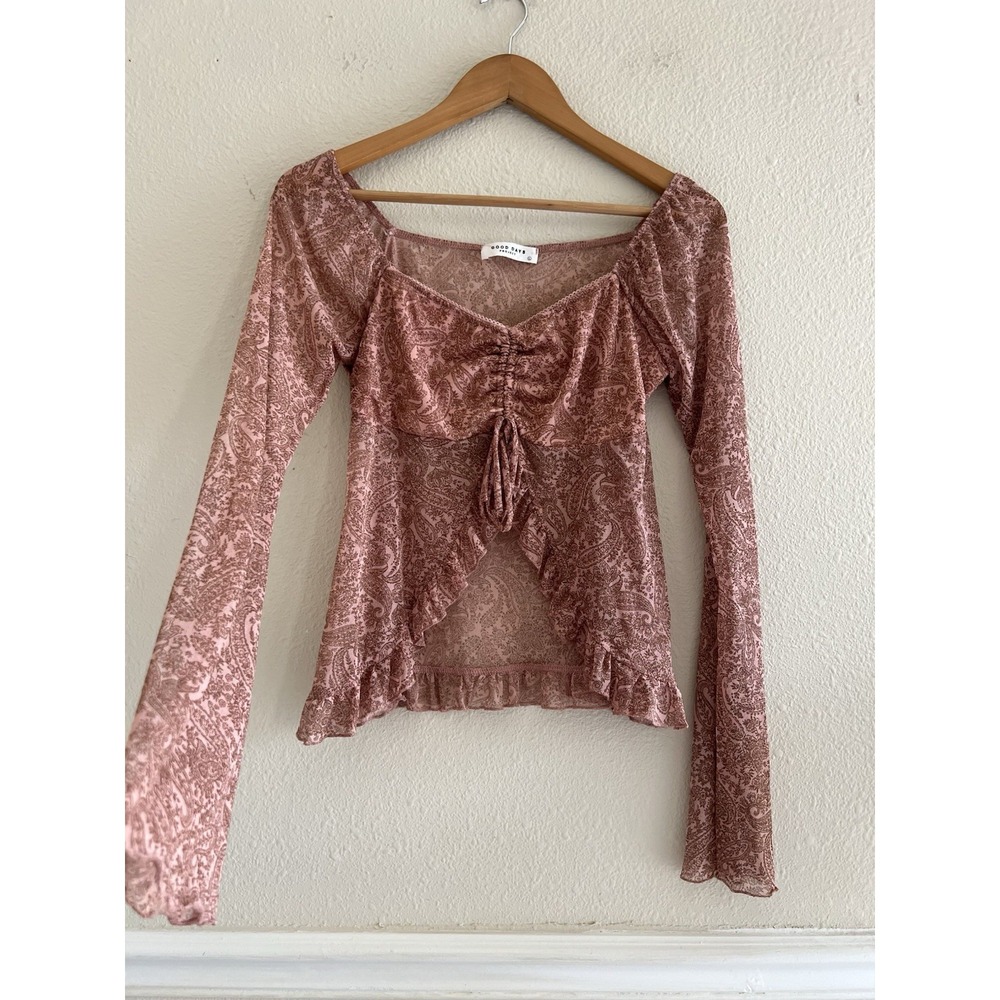 Good Days Project Dusty Rose Paisley Sheer Mesh Bell Sleeve Top L Y2K Style Boho